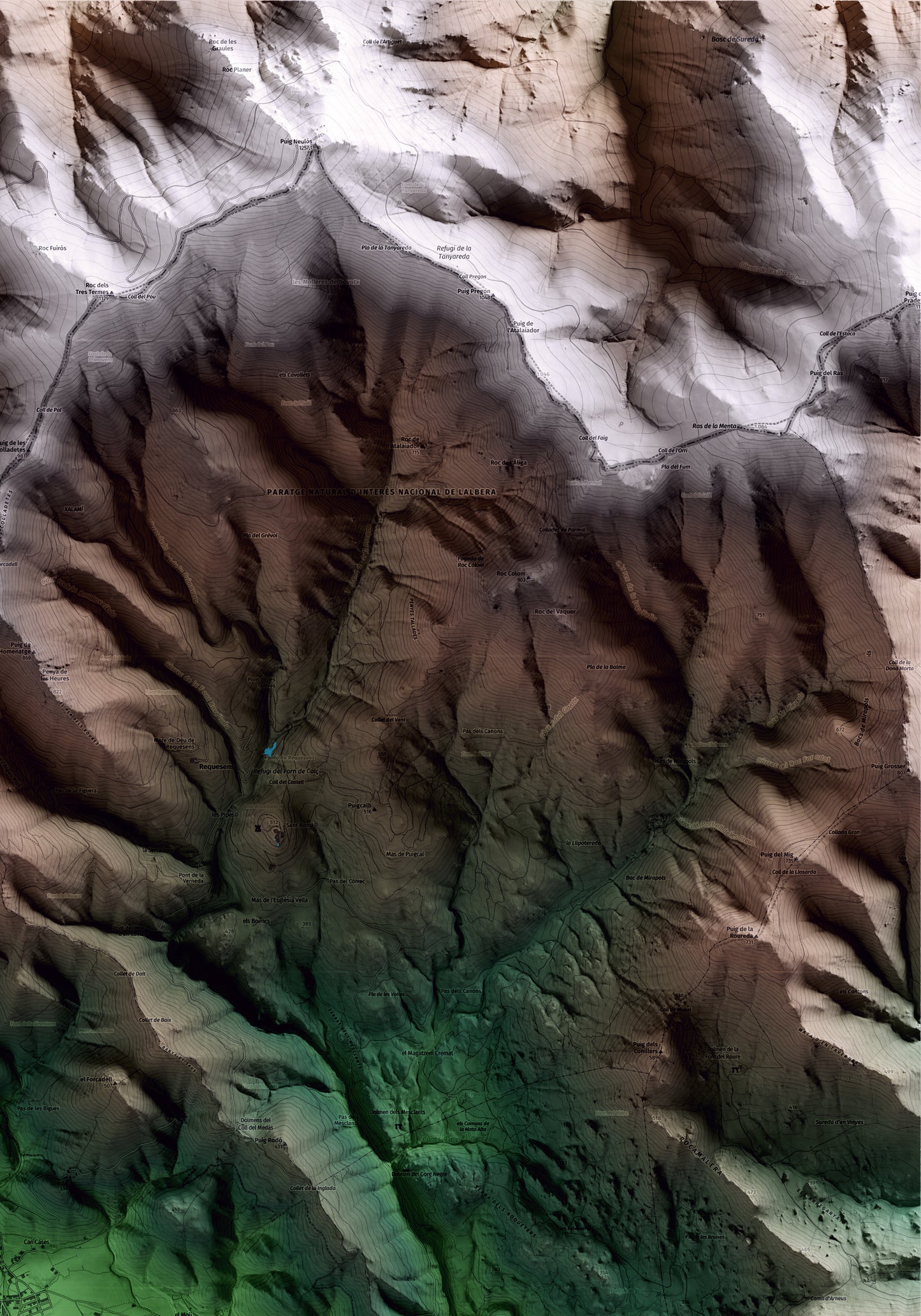 Mapa artístico del relieve de Cantallops, al Alt Empordà, con 15 km de entorno y base topográfica ICGC. Detalle de la zona superior derecha.
