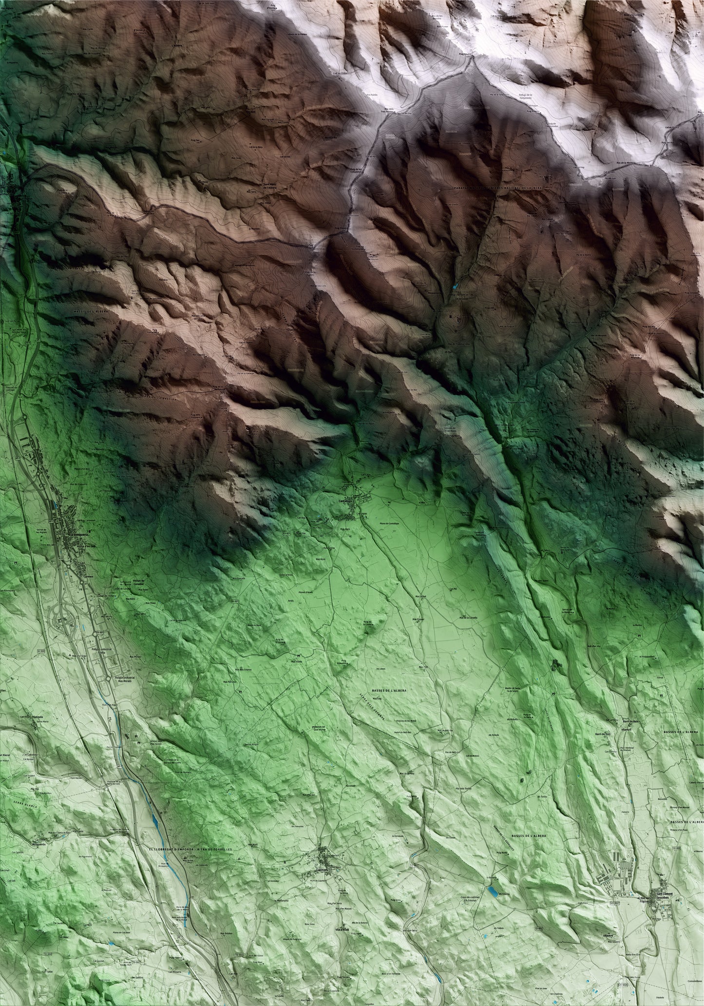 Mapa artístico del relieve de Cantallops, al Alt Empordà, con 15 km de entorno y base topográfica ICGC
