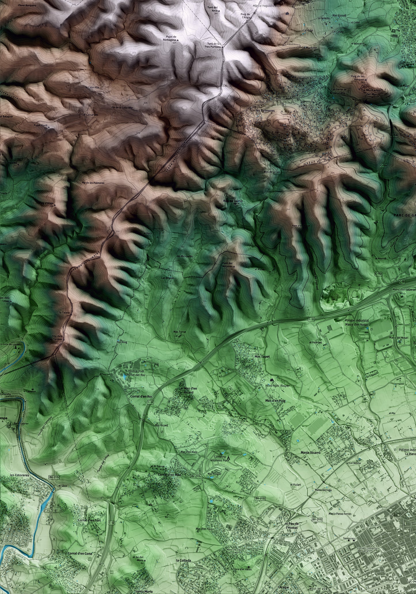 Mapa artístico del relieve de Canyelles, al Garraf, con 15 km de entorno y base topográfica ICGC. Detalle de la zona inferior izquierda.