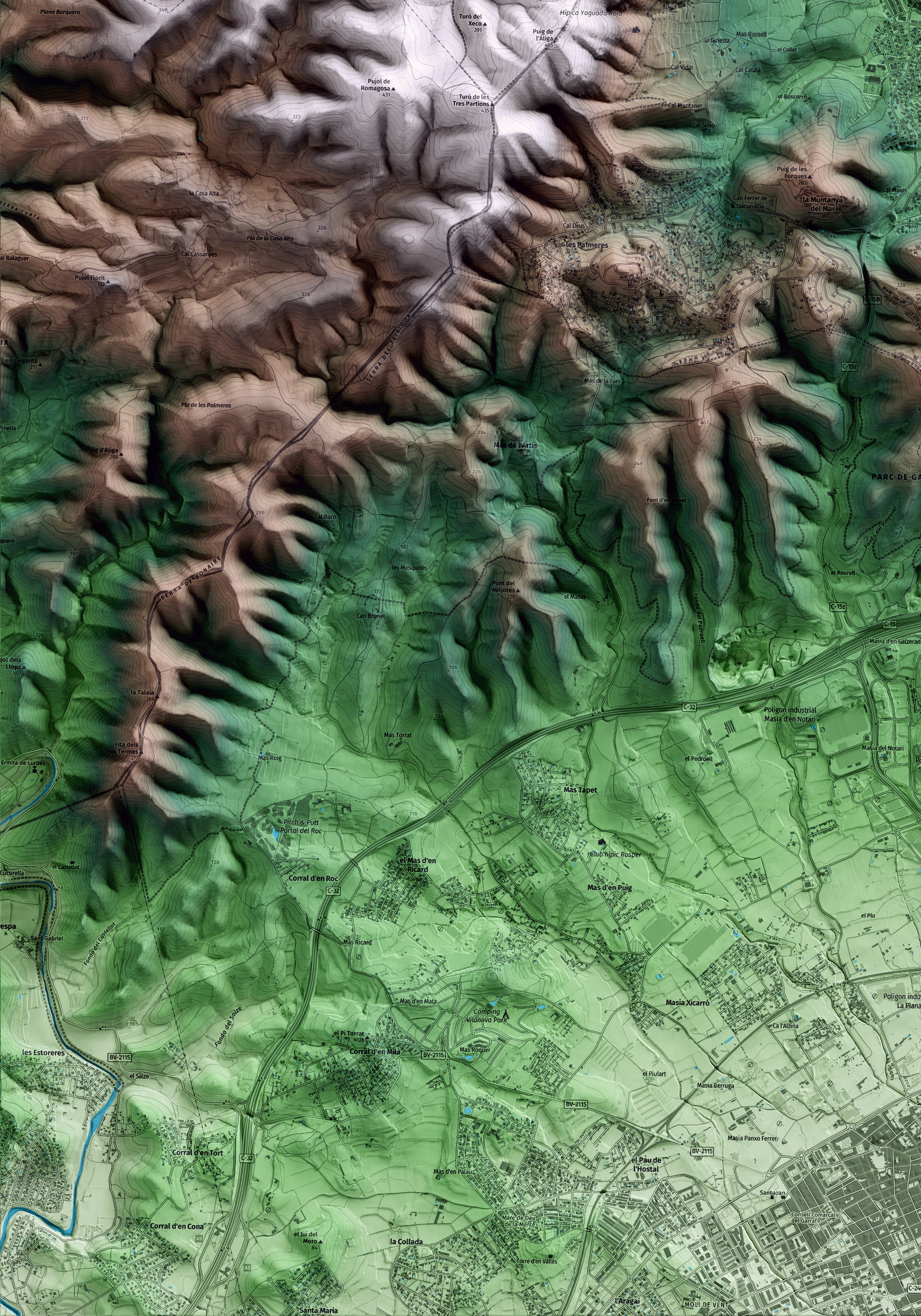 Mapa artístico del relieve de Canyelles, al Garraf, con 15 km de entorno y base topográfica ICGC. Detalle de la zona inferior izquierda.