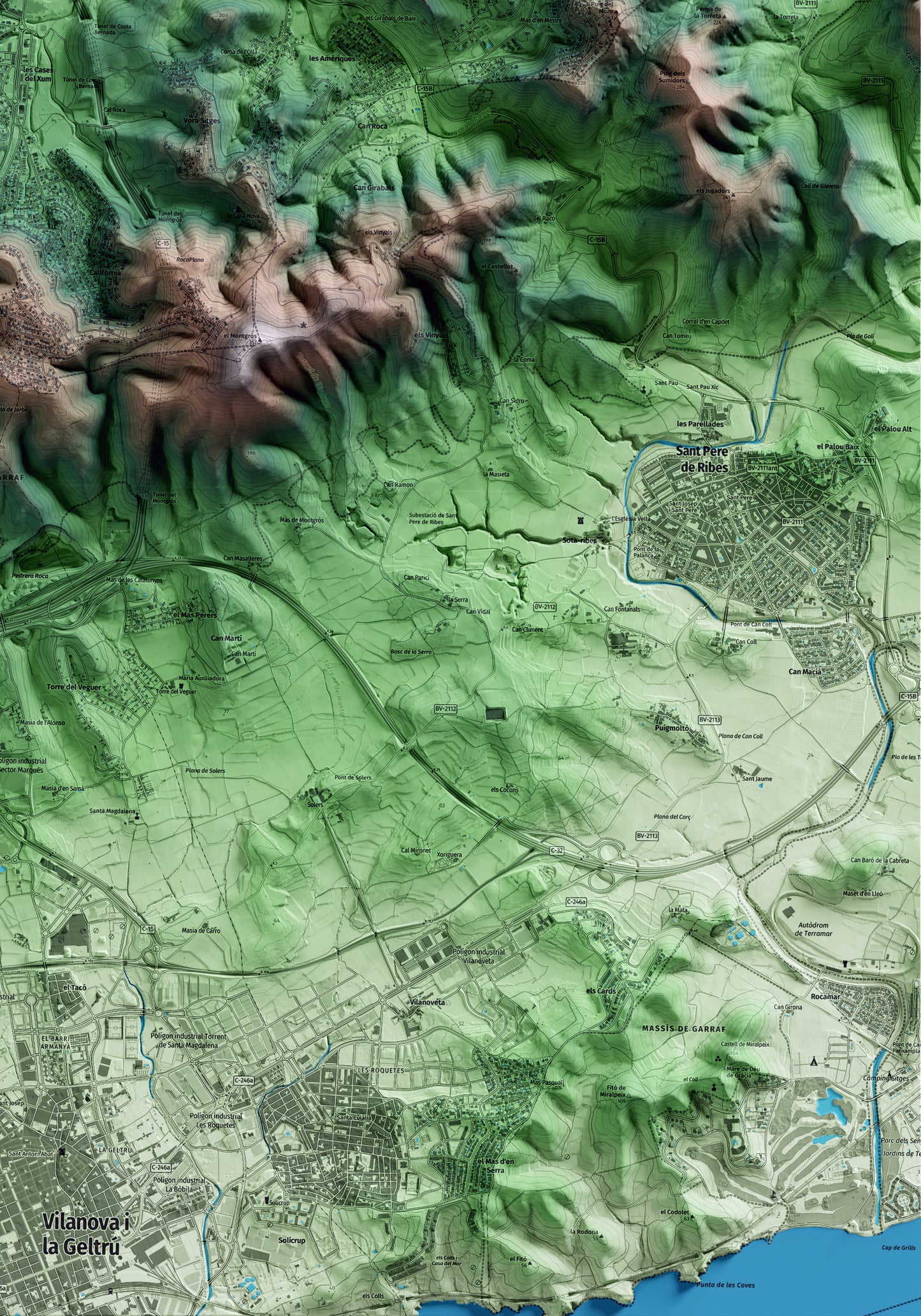 Mapa artístico del relieve de Canyelles, al Garraf, con 15 km de entorno y base topográfica ICGC. Detalle de la zona inferior derecha.