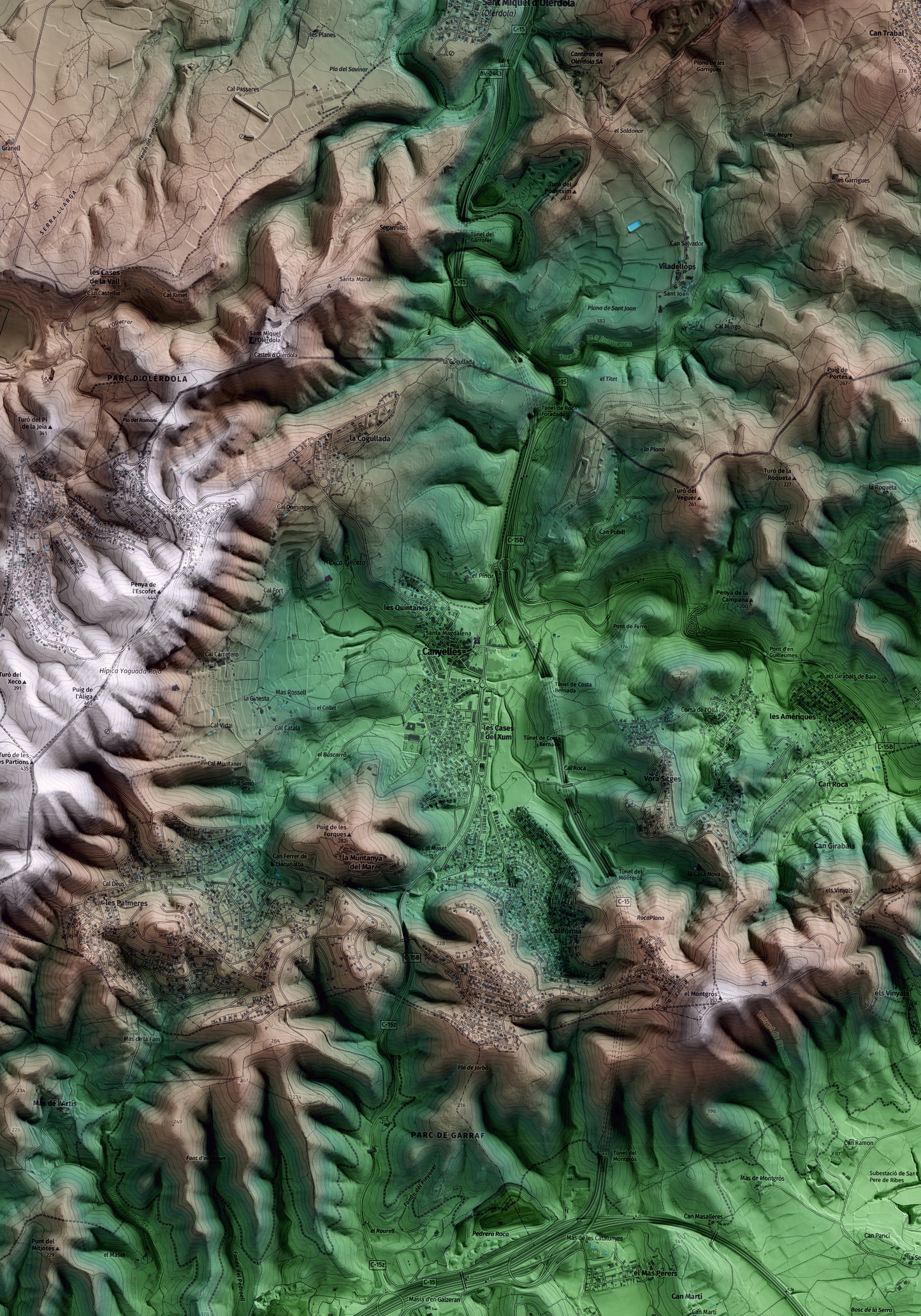 Mapa artístico del relieve de Canyelles, al Garraf, con 15 km de entorno y base topográfica ICGC. Detalle de la zona central.