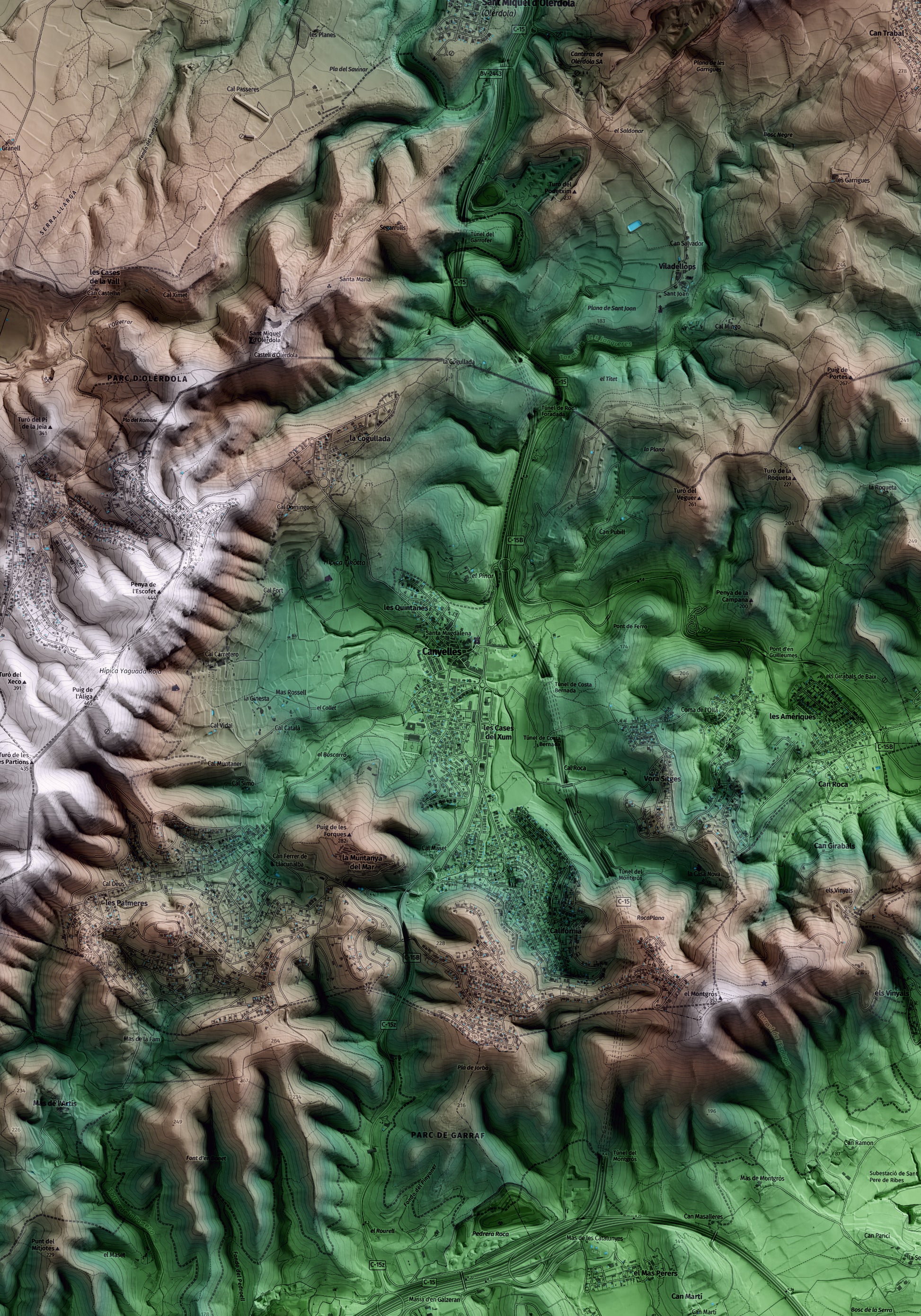 Mapa artístico del relieve de Canyelles, al Garraf, con 15 km de entorno y base topográfica ICGC. Detalle de la zona central.