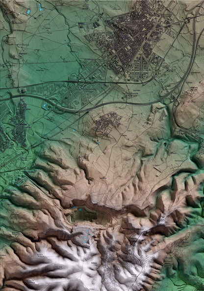Mapa artístico del relieve de Canyelles, al Garraf, con 15 km de entorno y base topográfica ICGC. Detalle de la zona superior izquierda.