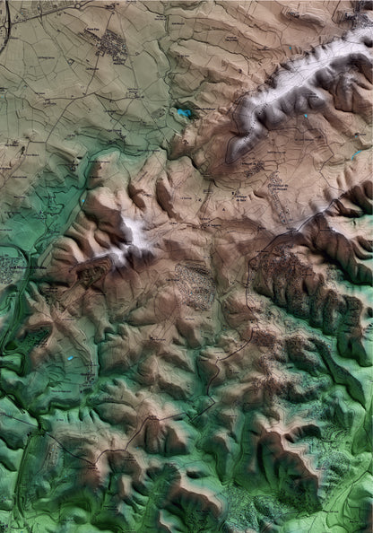 Mapa artístico del relieve de Canyelles, al Garraf, con 15 km de entorno y base topográfica ICGC. Detalle de la zona superior derecha.