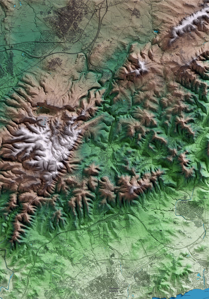 Mapa artístico del relieve de Canyelles, al Garraf, con 15 km de entorno y base topográfica ICGC