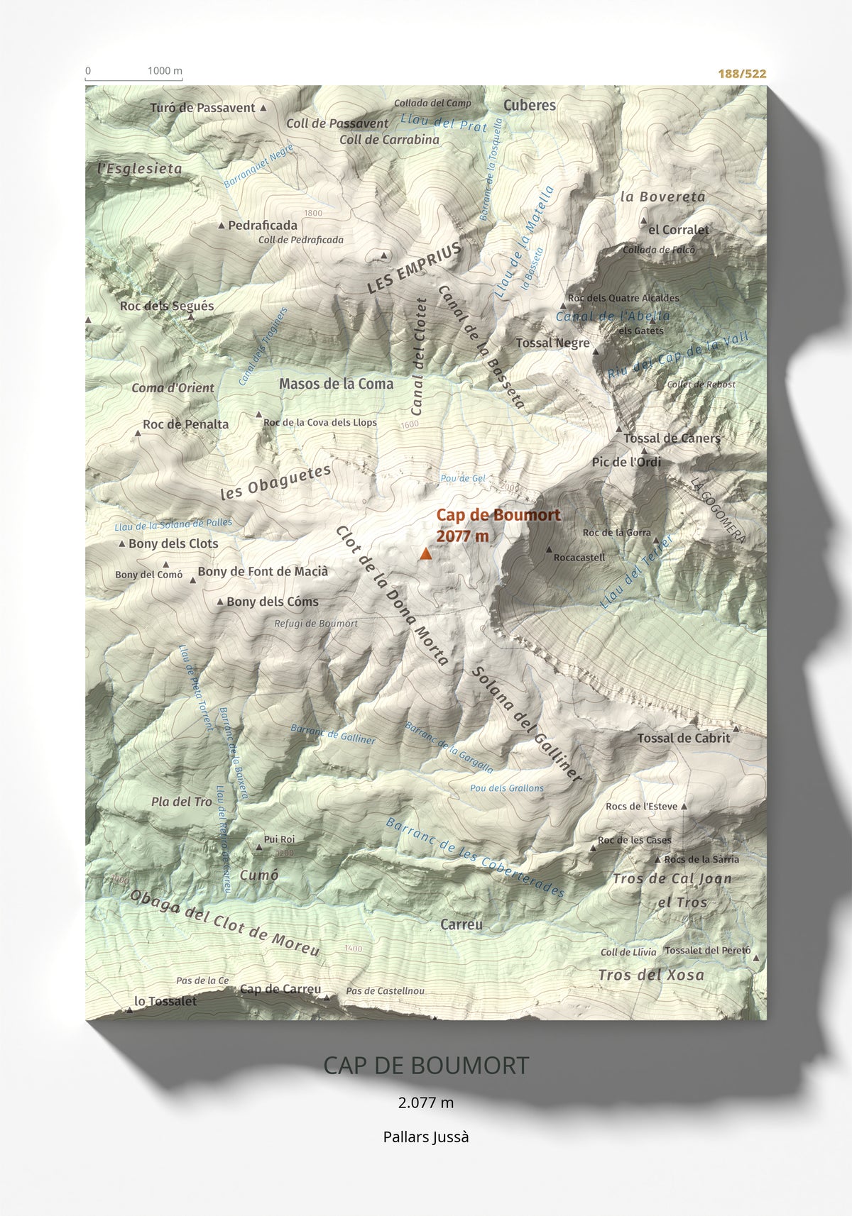 Mapa de relieve de Cap de Boumort, 2077 m, Pallars Jussà, lámina 100 Cims de Trobart 21 × 30 cm.