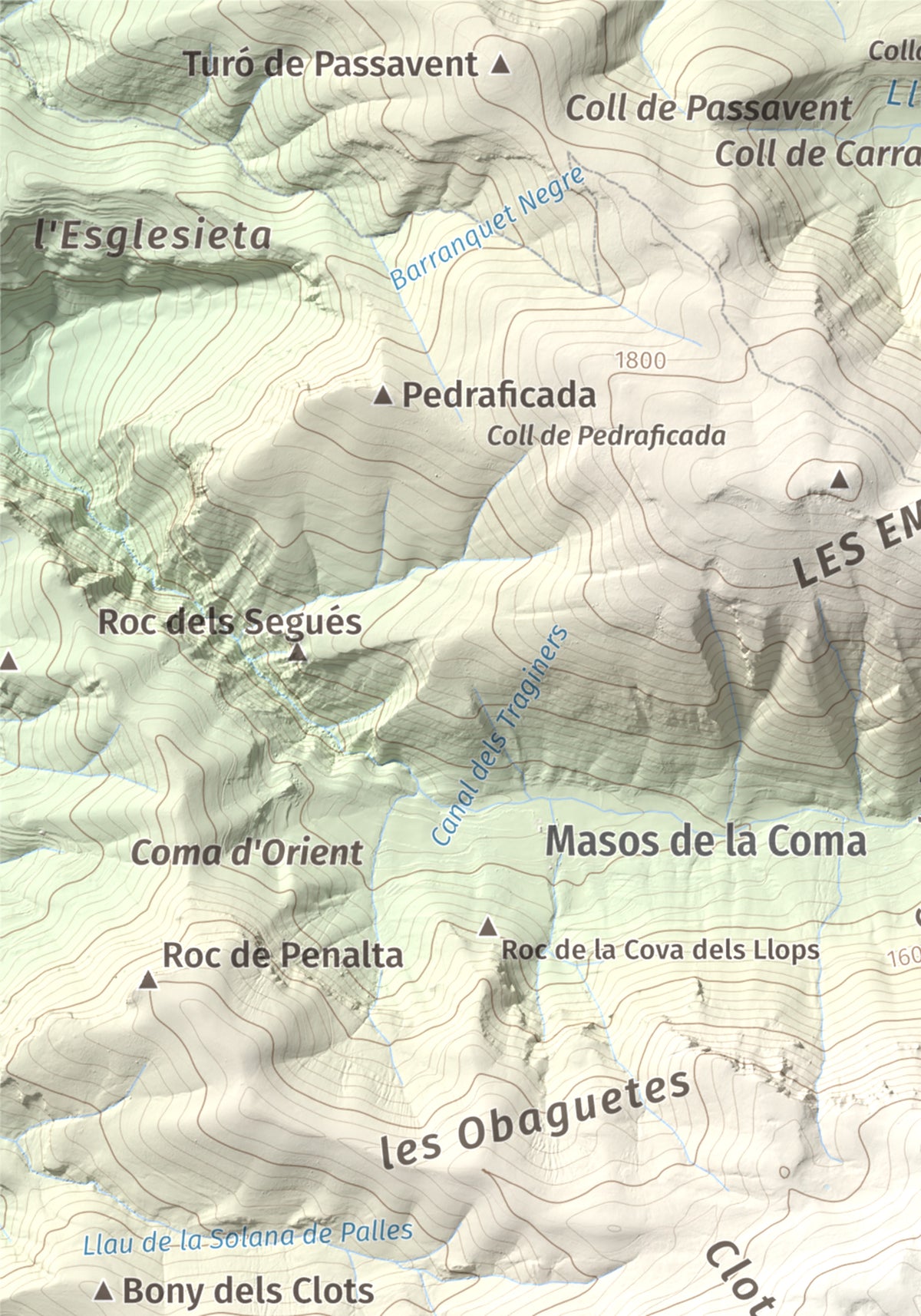 Mapa de relieve de Cap de Boumort, 2077 m, Pallars Jussà, lámina 100 Cims de Trobart. Detalle de la zona superior izquierda. 21 × 30 cm.