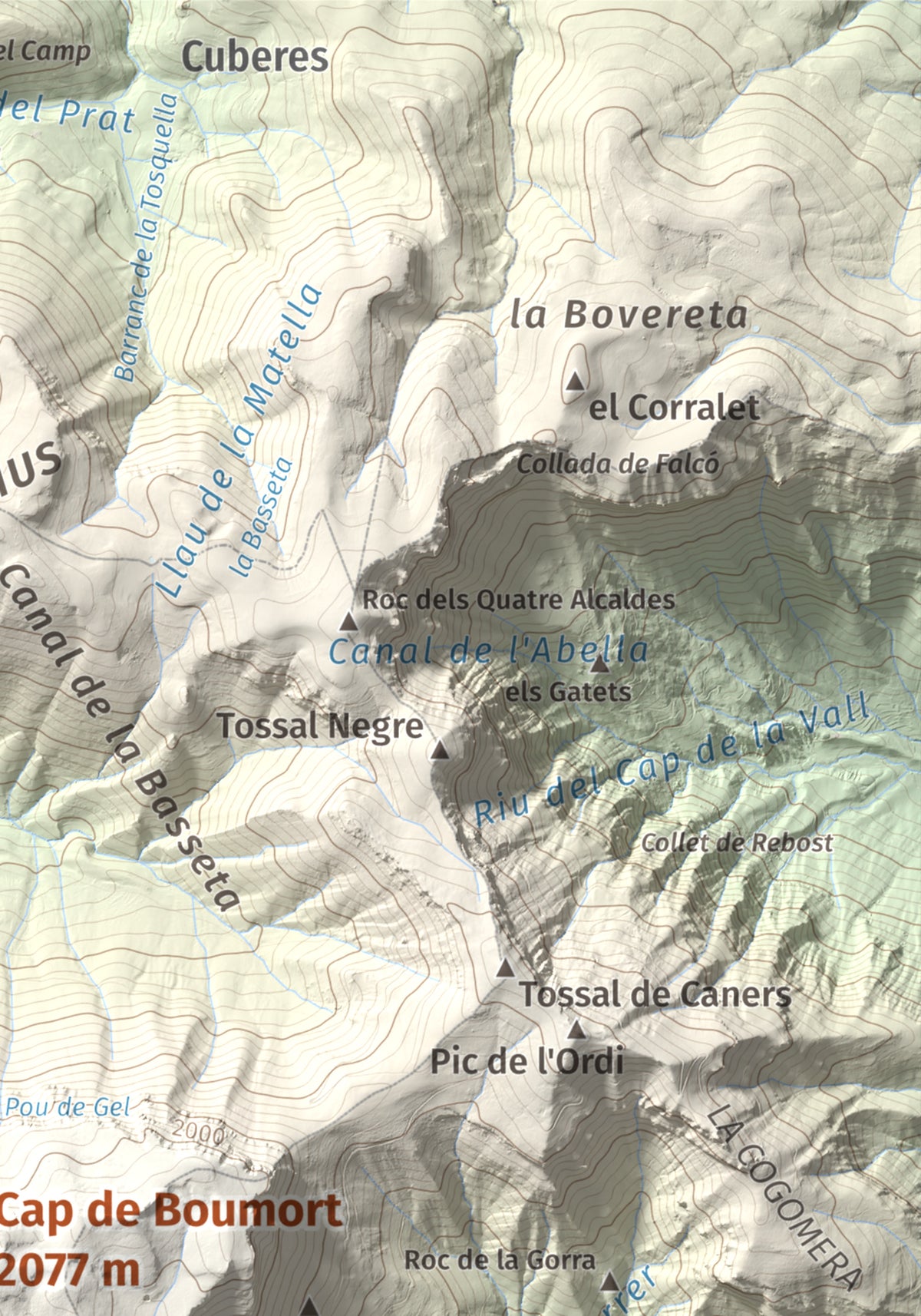 Mapa de relieve de Cap de Boumort, 2077 m, Pallars Jussà, lámina 100 Cims de Trobart. Detalle de la zona superior derecha. 21 × 30 cm.