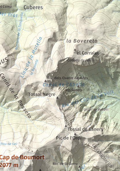 Mapa de relieve de Cap de Boumort, 2077 m, Pallars Jussà, lámina 100 Cims de Trobart. Detalle de la zona superior derecha. 21 × 30 cm.
