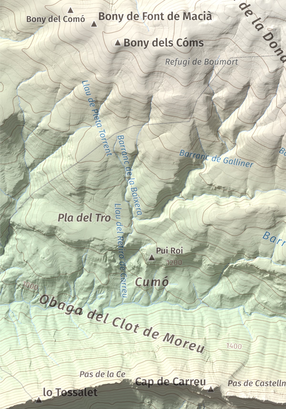 Mapa de relieve de Cap de Boumort, 2077 m, Pallars Jussà, lámina 100 Cims de Trobart. Detalle de la zona inferior izquierda. 21 × 30 cm.