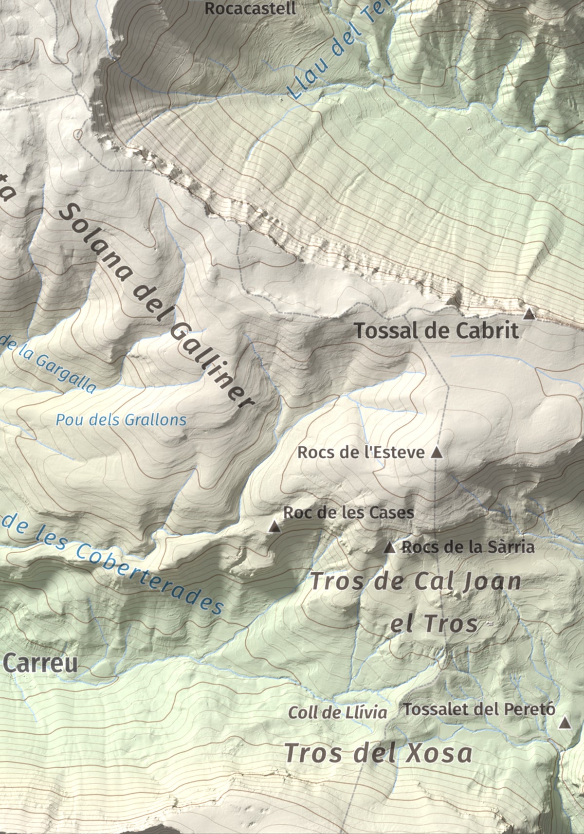 Mapa de relieve de Cap de Boumort, 2077 m, Pallars Jussà, lámina 100 Cims de Trobart. Detalle de la zona inferior derecha. 21 × 30 cm.
