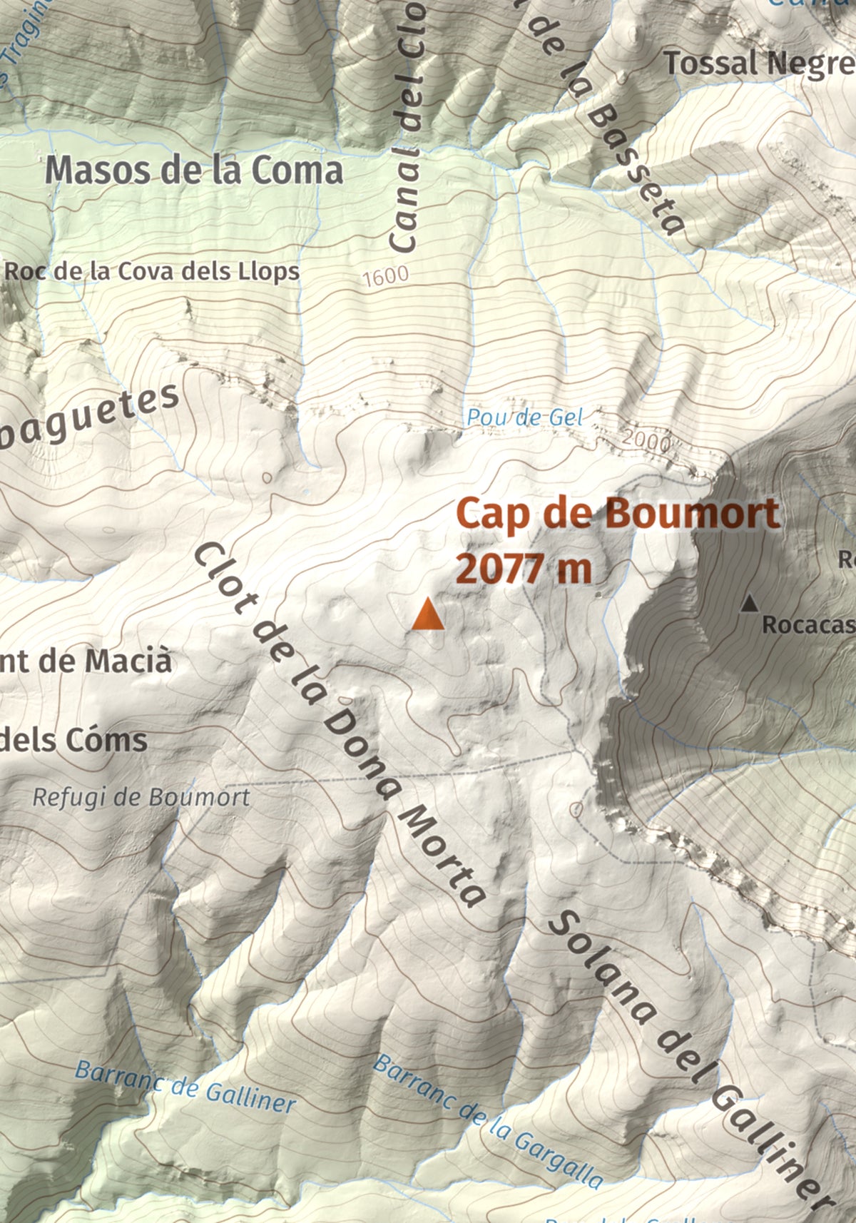Mapa de relieve de Cap de Boumort, 2077 m, Pallars Jussà, lámina 100 Cims de Trobart. Detalle de la zona central. 21 × 30 cm.