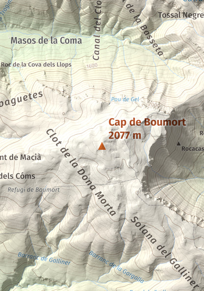 Mapa de relieve de Cap de Boumort, 2077 m, Pallars Jussà, lámina 100 Cims de Trobart. Detalle de la zona central. 21 × 30 cm.