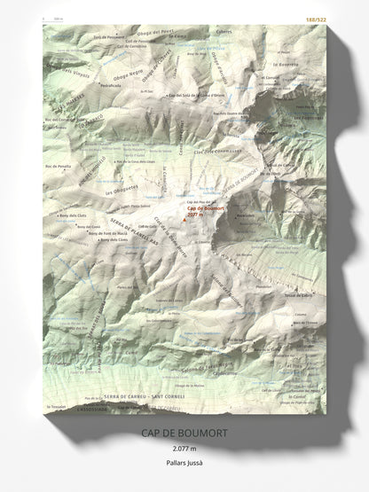 Mapa de relieve de Cap de Boumort, 2077 m, Pallars Jussà, lámina 100 Cims de Trobart 30 × 40 cm.