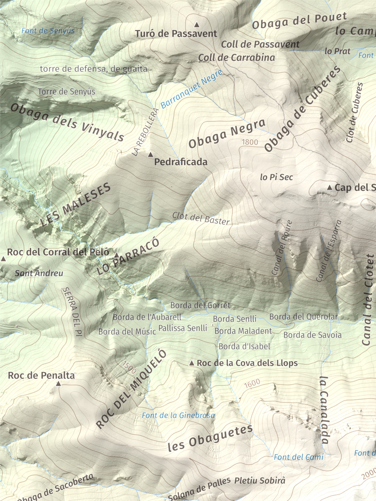 Mapa de relieve de Cap de Boumort, 2077 m, Pallars Jussà, lámina 100 Cims de Trobart. Detalle de la zona superior izquierda. 30 × 40 cm.