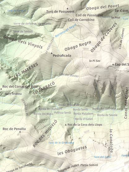 Mapa de relieve de Cap de Boumort, 2077 m, Pallars Jussà, lámina 100 Cims de Trobart. Detalle de la zona superior izquierda. 30 × 40 cm.