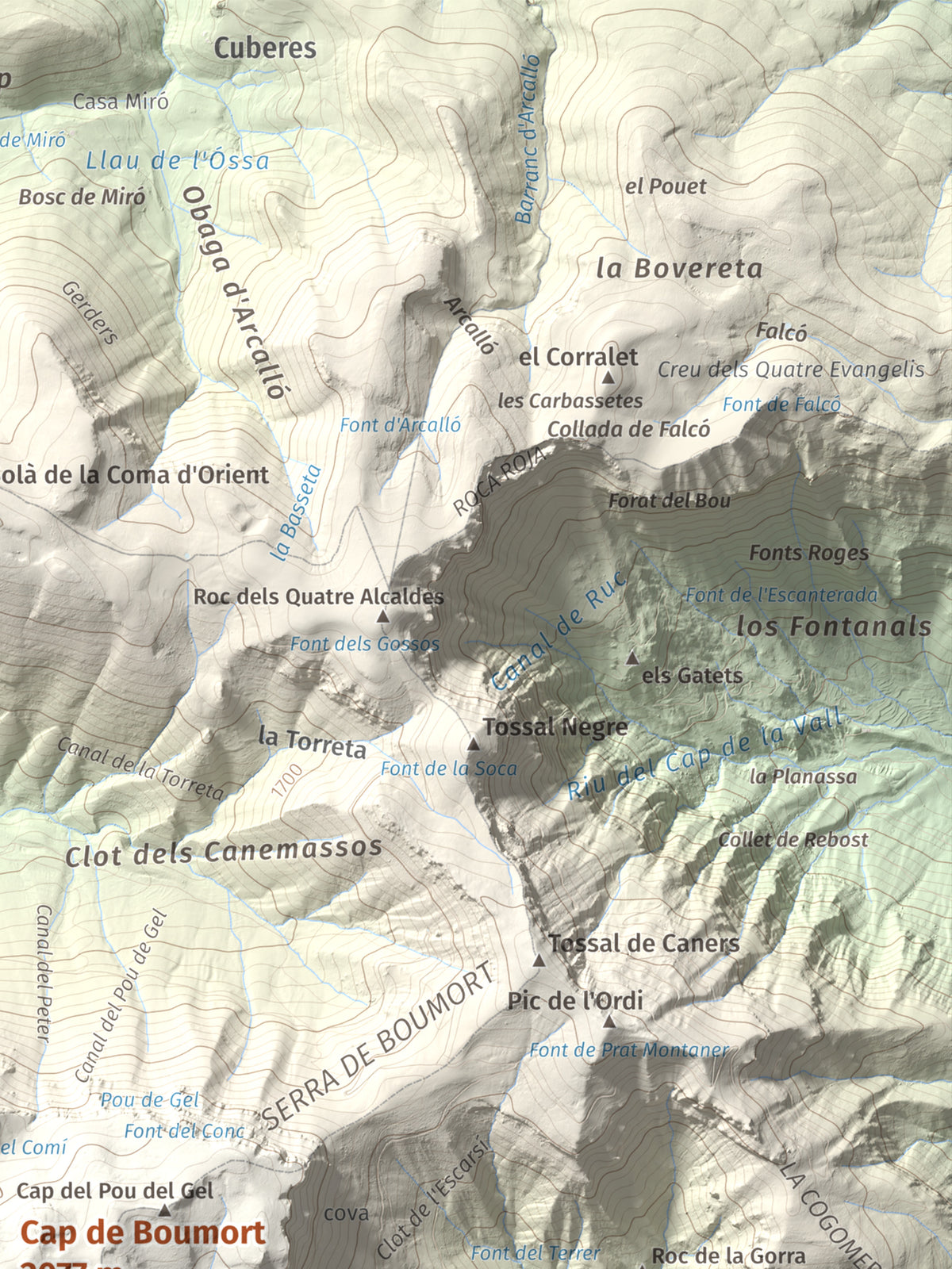 Mapa de relieve de Cap de Boumort, 2077 m, Pallars Jussà, lámina 100 Cims de Trobart. Detalle de la zona superior derecha. 30 × 40 cm.