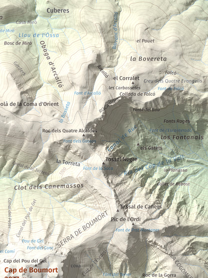Mapa de relieve de Cap de Boumort, 2077 m, Pallars Jussà, lámina 100 Cims de Trobart. Detalle de la zona superior derecha. 30 × 40 cm.