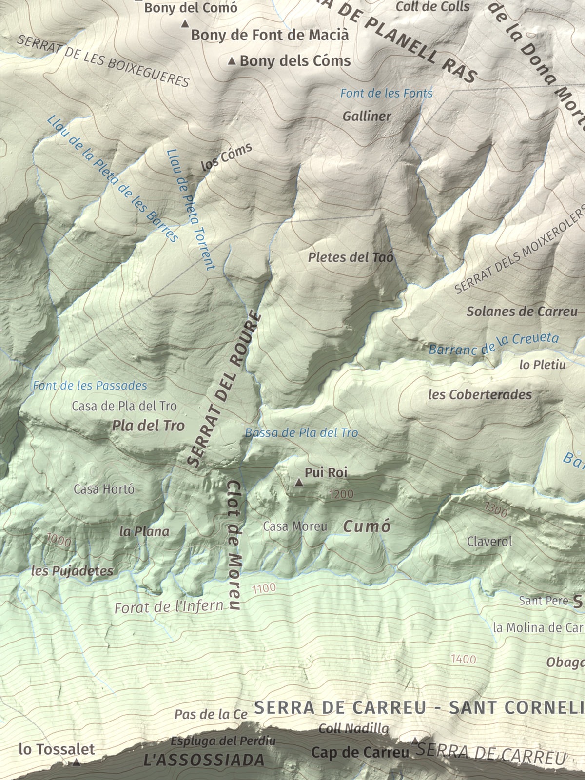 Mapa de relieve de Cap de Boumort, 2077 m, Pallars Jussà, lámina 100 Cims de Trobart. Detalle de la zona inferior izquierda. 30 × 40 cm.