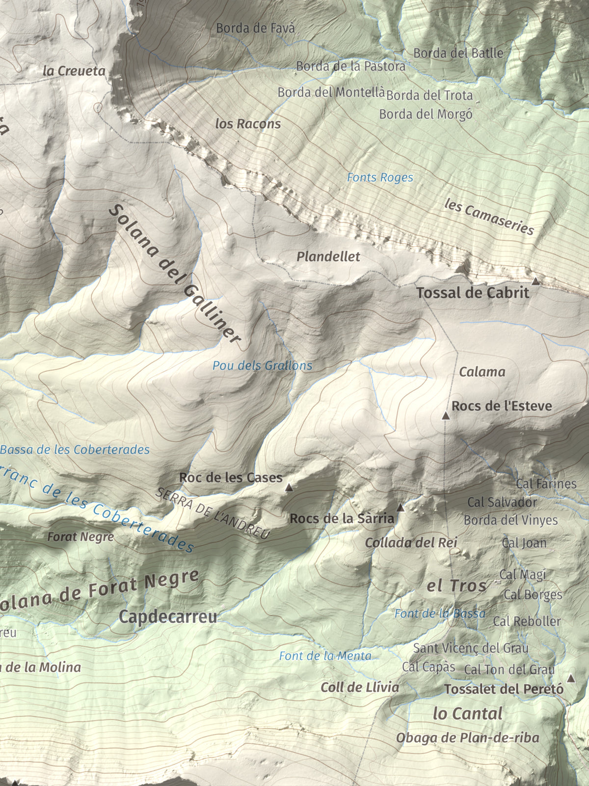 Mapa de relieve de Cap de Boumort, 2077 m, Pallars Jussà, lámina 100 Cims de Trobart. Detalle de la zona inferior derecha. 30 × 40 cm.
