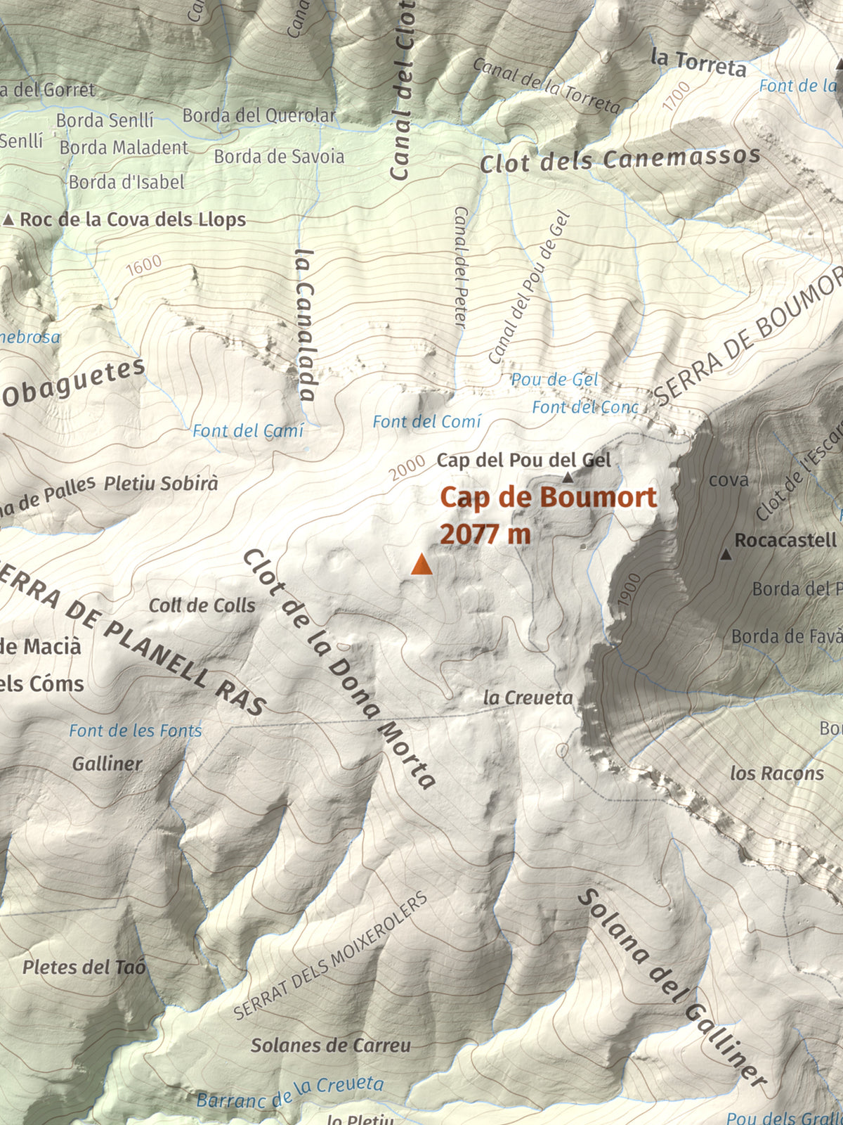 Mapa de relieve de Cap de Boumort, 2077 m, Pallars Jussà, lámina 100 Cims de Trobart. Detalle de la zona central. 30 × 40 cm.