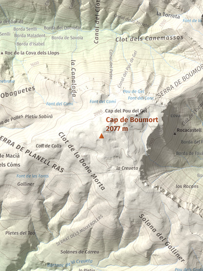 Mapa de relieve de Cap de Boumort, 2077 m, Pallars Jussà, lámina 100 Cims de Trobart. Detalle de la zona central. 30 × 40 cm.