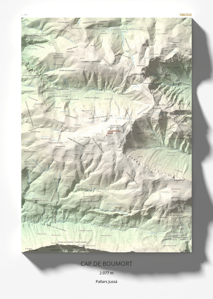 Mapa de relieve de Cap de Boumort, 2077 m, Pallars Jussà, lámina 100 Cims de Trobart 50 × 70 cm.