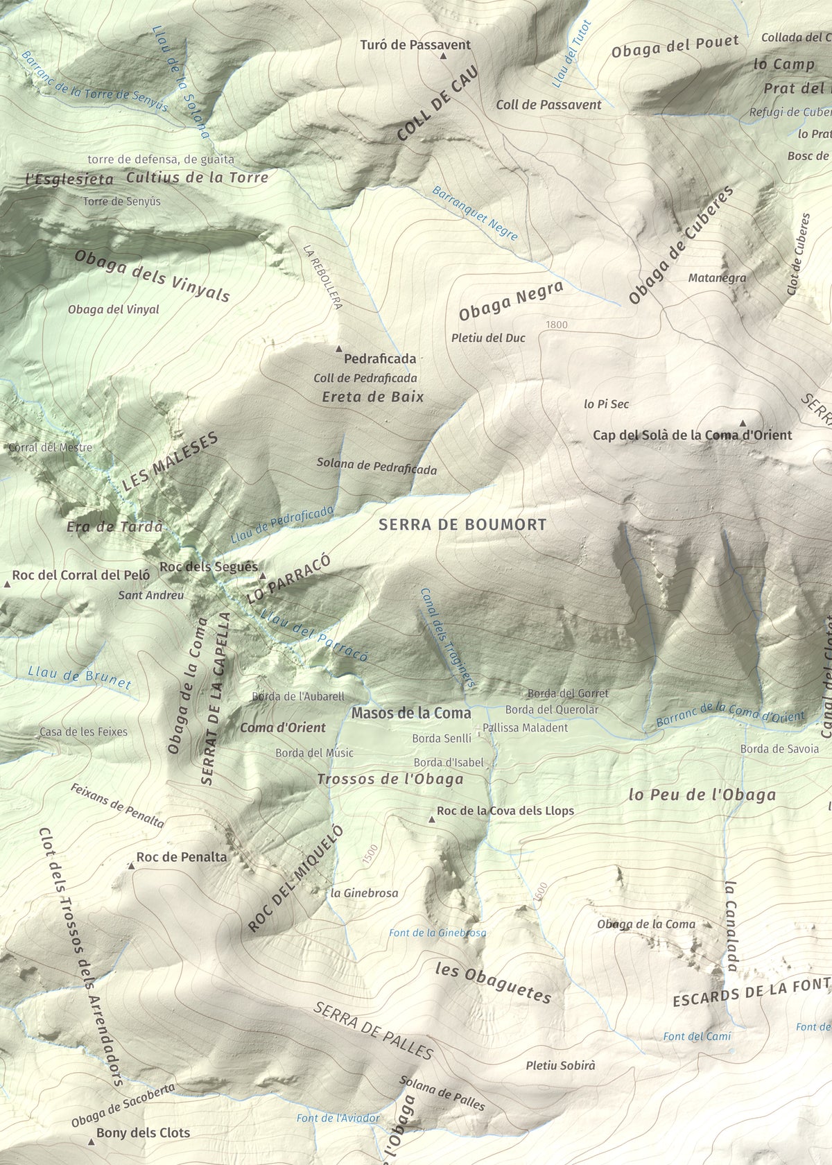 Mapa de relieve de Cap de Boumort, 2077 m, Pallars Jussà, lámina 100 Cims de Trobart. Detalle de la zona superior izquierda. 50 × 70 cm.