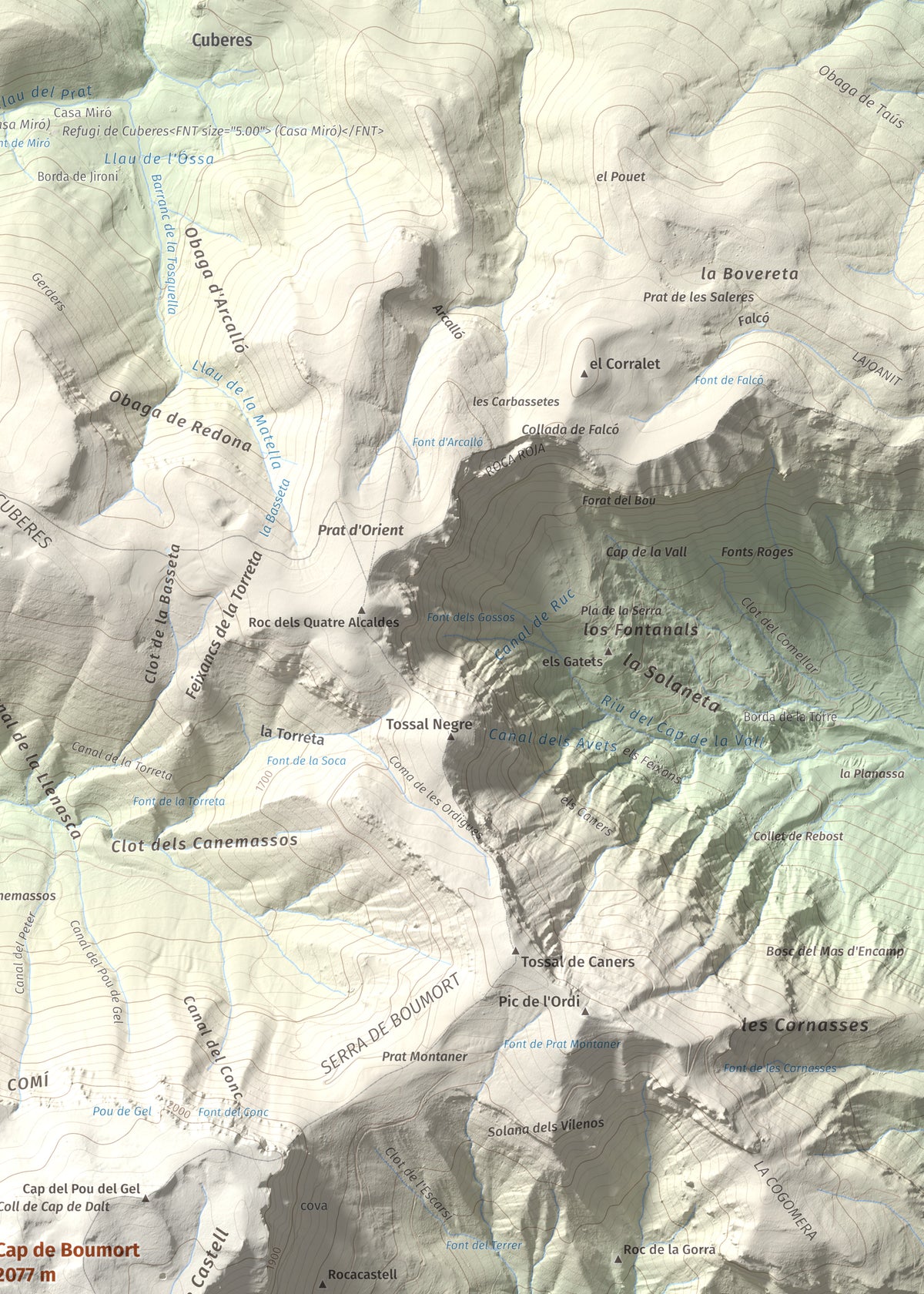 Mapa de relieve de Cap de Boumort, 2077 m, Pallars Jussà, lámina 100 Cims de Trobart. Detalle de la zona superior derecha. 50 × 70 cm.