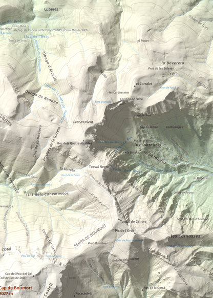 Mapa de relieve de Cap de Boumort, 2077 m, Pallars Jussà, lámina 100 Cims de Trobart. Detalle de la zona superior derecha. 50 × 70 cm.