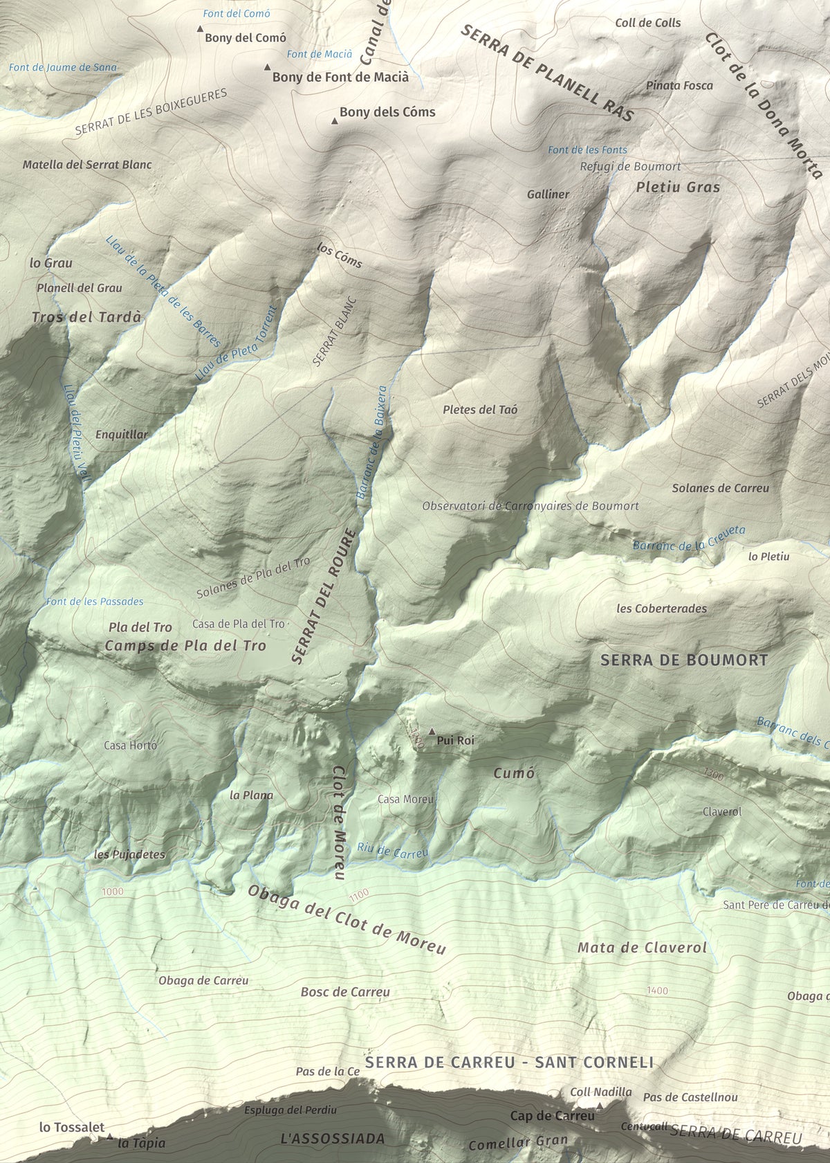 Mapa de relieve de Cap de Boumort, 2077 m, Pallars Jussà, lámina 100 Cims de Trobart. Detalle de la zona inferior izquierda. 50 × 70 cm.