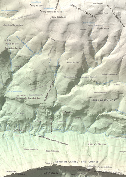 Mapa de relieve de Cap de Boumort, 2077 m, Pallars Jussà, lámina 100 Cims de Trobart. Detalle de la zona inferior izquierda. 50 × 70 cm.