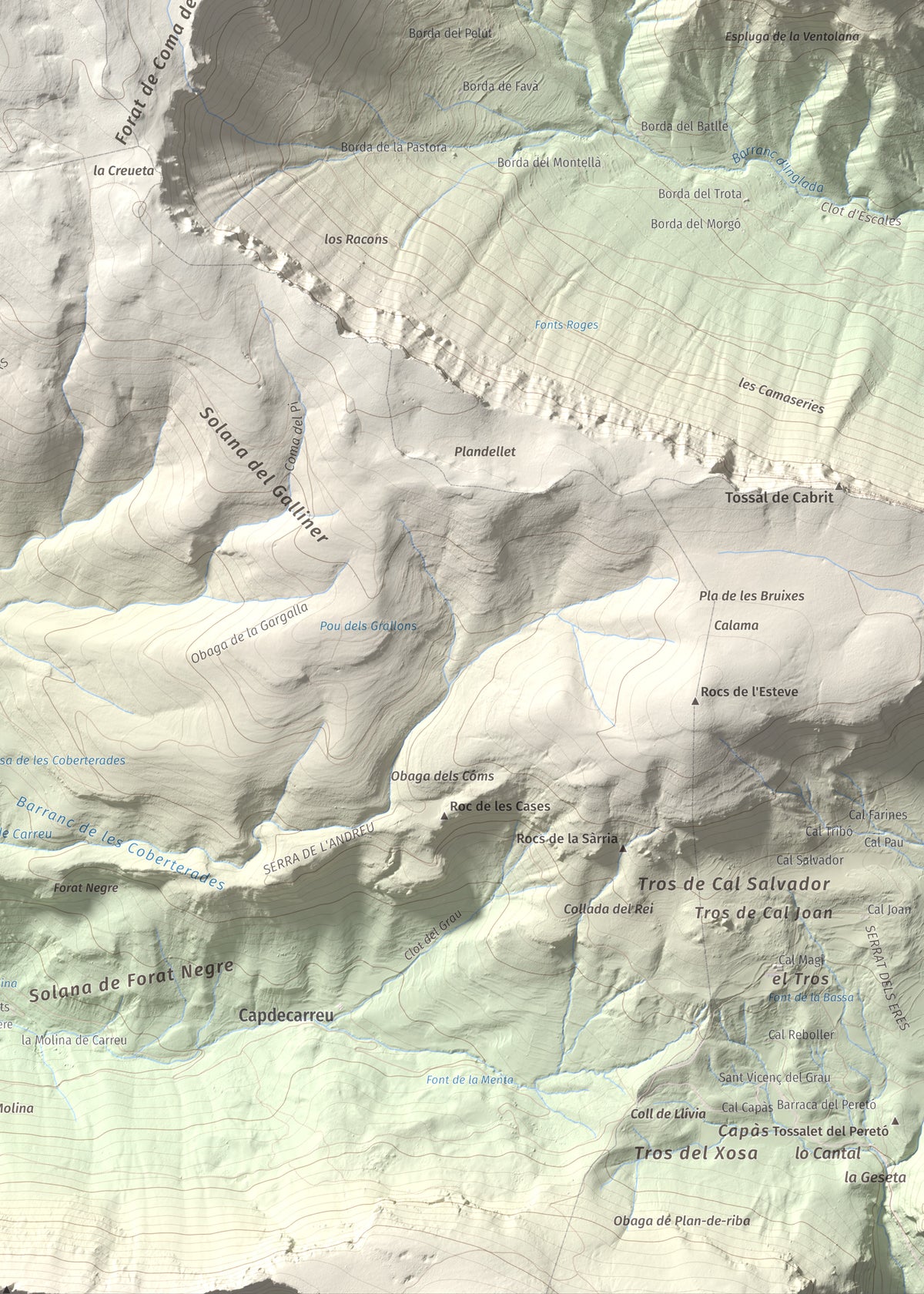 Mapa de relieve de Cap de Boumort, 2077 m, Pallars Jussà, lámina 100 Cims de Trobart. Detalle de la zona inferior derecha. 50 × 70 cm.