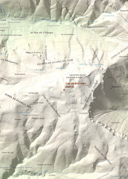 Mapa de relieve de Cap de Boumort, 2077 m, Pallars Jussà, lámina 100 Cims de Trobart. Detalle de la zona central. 50 × 70 cm.