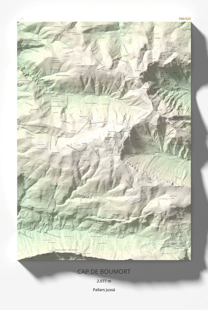 Mapa de relieve de Cap de Boumort, 2077 m, Pallars Jussà, lámina 100 Cims de Trobart 61 × 91 cm.