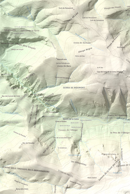 Mapa de relieve de Cap de Boumort, 2077 m, Pallars Jussà, lámina 100 Cims de Trobart. Detalle de la zona superior izquierda. 61 × 91 cm.