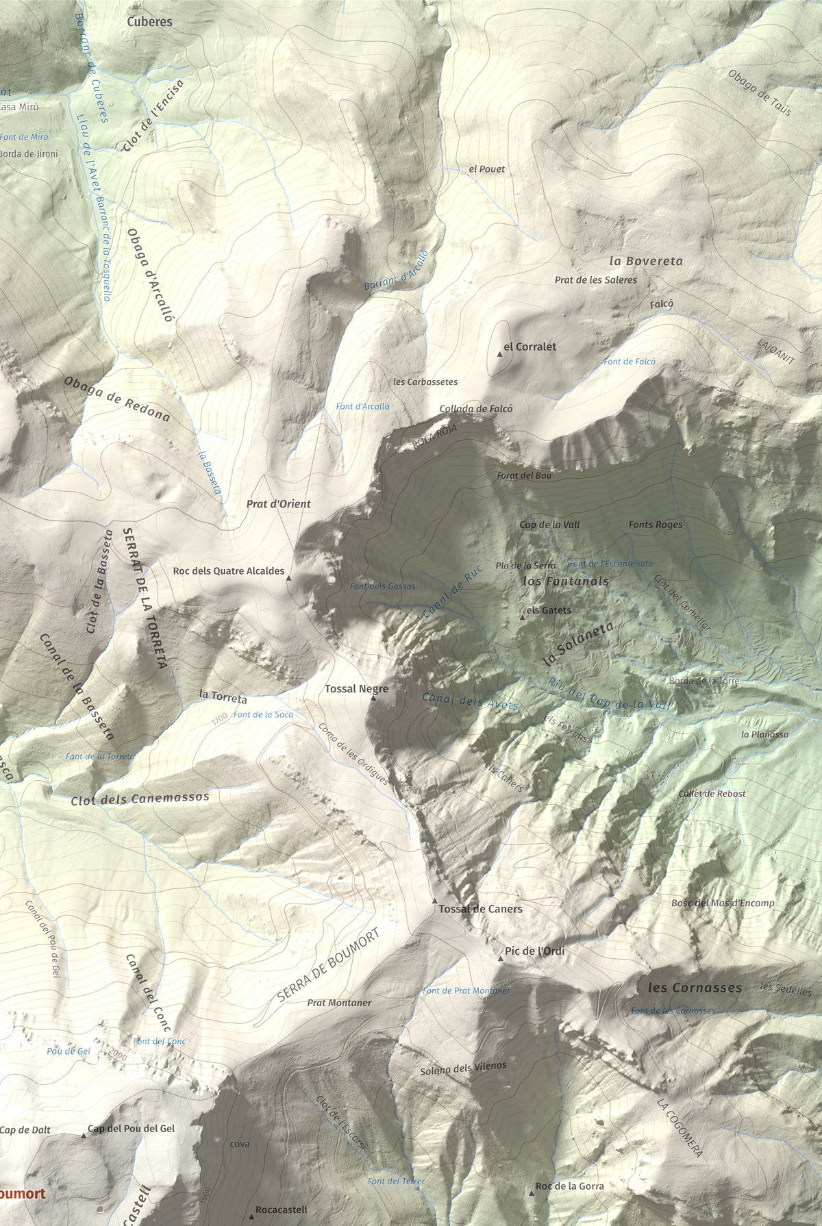 Mapa de relieve de Cap de Boumort, 2077 m, Pallars Jussà, lámina 100 Cims de Trobart. Detalle de la zona superior derecha. 61 × 91 cm.