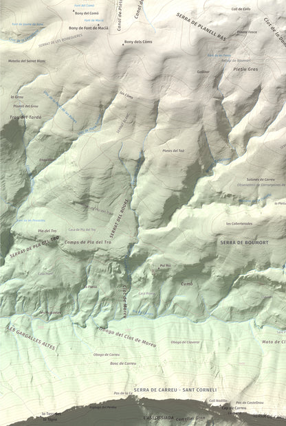 Mapa de relieve de Cap de Boumort, 2077 m, Pallars Jussà, lámina 100 Cims de Trobart. Detalle de la zona inferior izquierda. 61 × 91 cm.