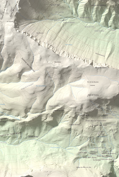 Mapa de relieve de Cap de Boumort, 2077 m, Pallars Jussà, lámina 100 Cims de Trobart. Detalle de la zona inferior derecha. 61 × 91 cm.