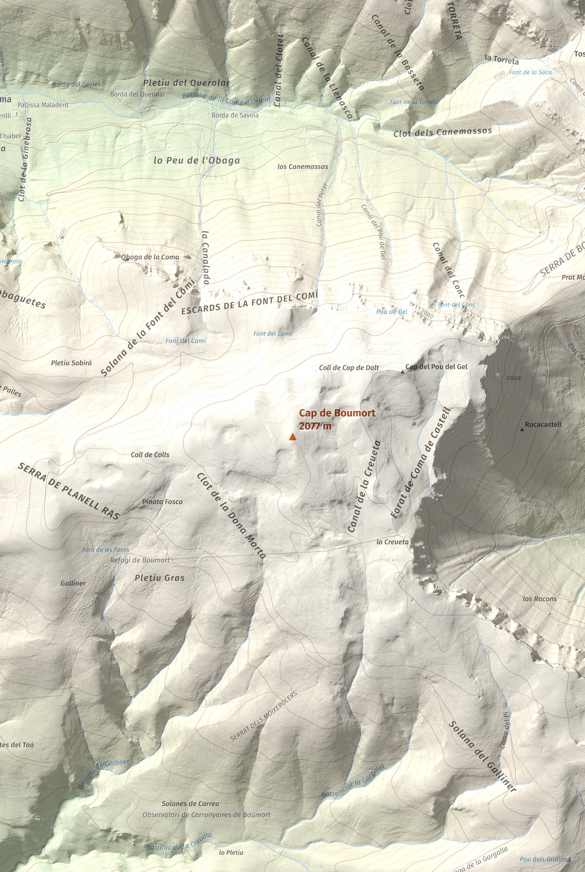 Mapa de relieve de Cap de Boumort, 2077 m, Pallars Jussà, lámina 100 Cims de Trobart. Detalle de la zona central. 61 × 91 cm.