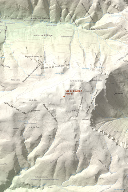 Mapa de relieve de Cap de Boumort, 2077 m, Pallars Jussà, lámina 100 Cims de Trobart. Detalle de la zona central. 61 × 91 cm.
