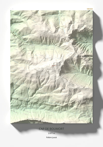 Mapa de relieve de Cap de Boumort, 2077 m, Pallars Jussà, lámina 100 Cims de Trobart 70 × 100 cm.
