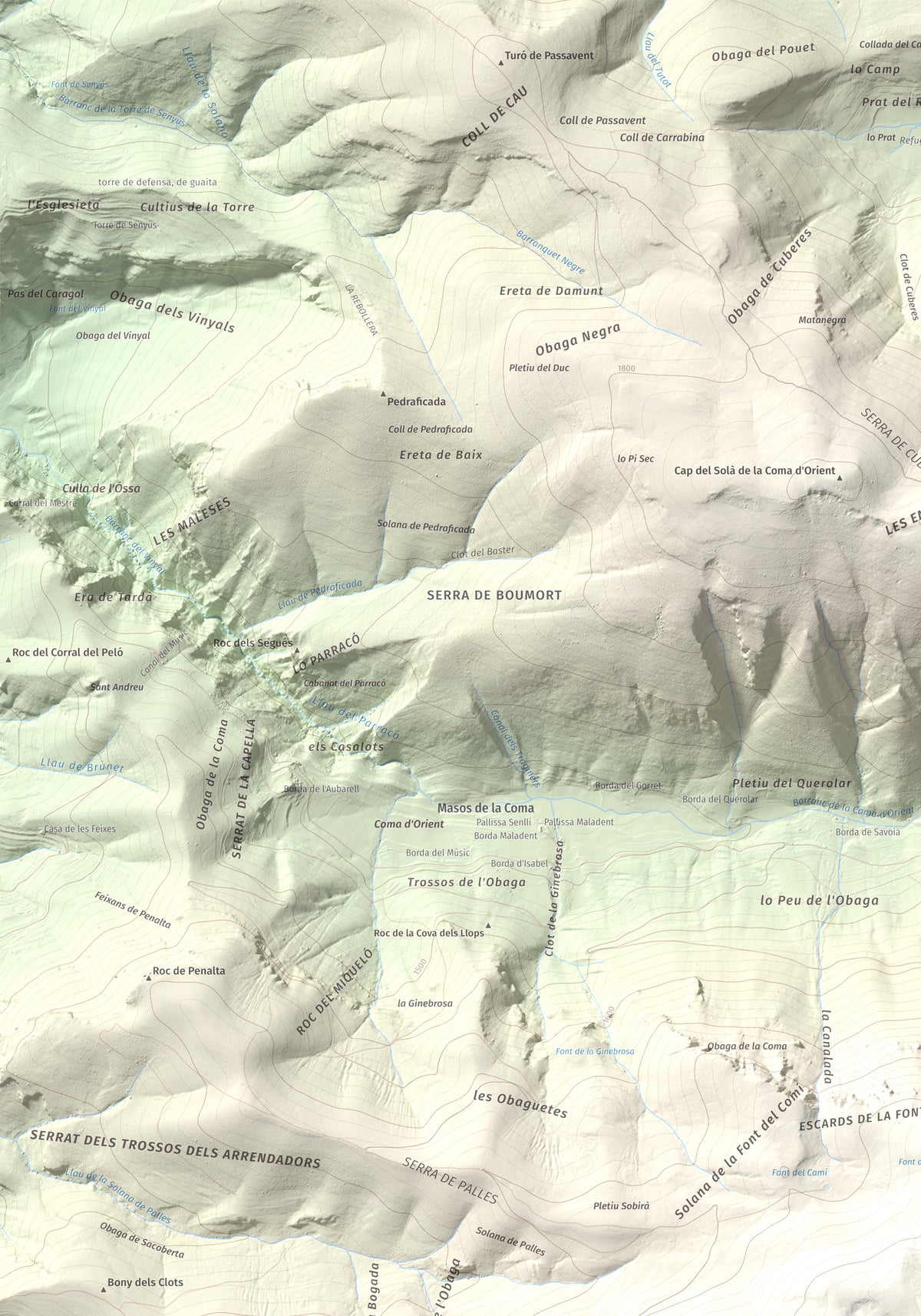 Mapa de relieve de Cap de Boumort, 2077 m, Pallars Jussà, lámina 100 Cims de Trobart. Detalle de la zona superior izquierda. 70 × 100 cm.