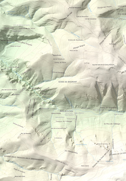 Mapa de relieve de Cap de Boumort, 2077 m, Pallars Jussà, lámina 100 Cims de Trobart. Detalle de la zona superior izquierda. 70 × 100 cm.