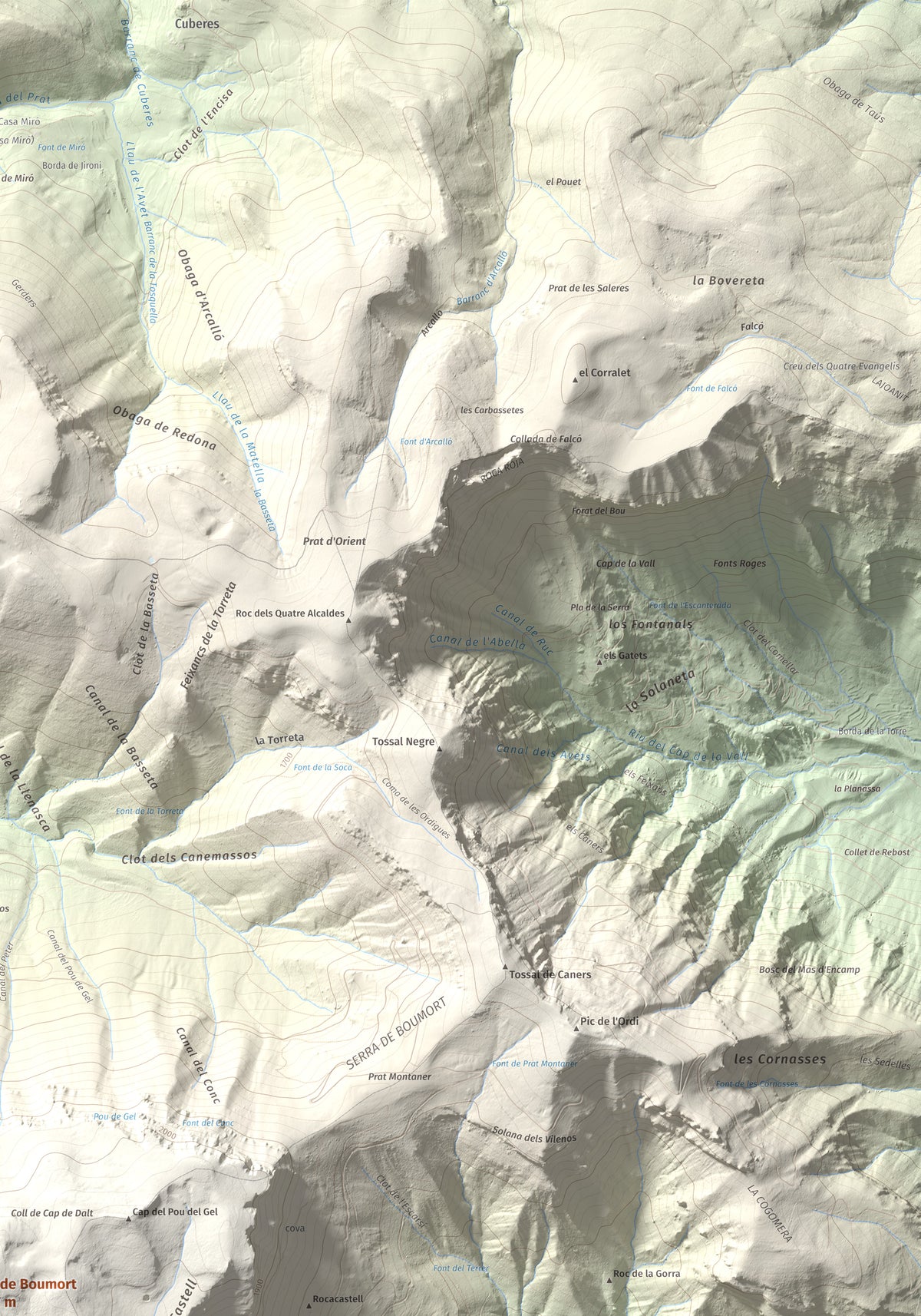 Mapa de relieve de Cap de Boumort, 2077 m, Pallars Jussà, lámina 100 Cims de Trobart. Detalle de la zona superior derecha. 70 × 100 cm.