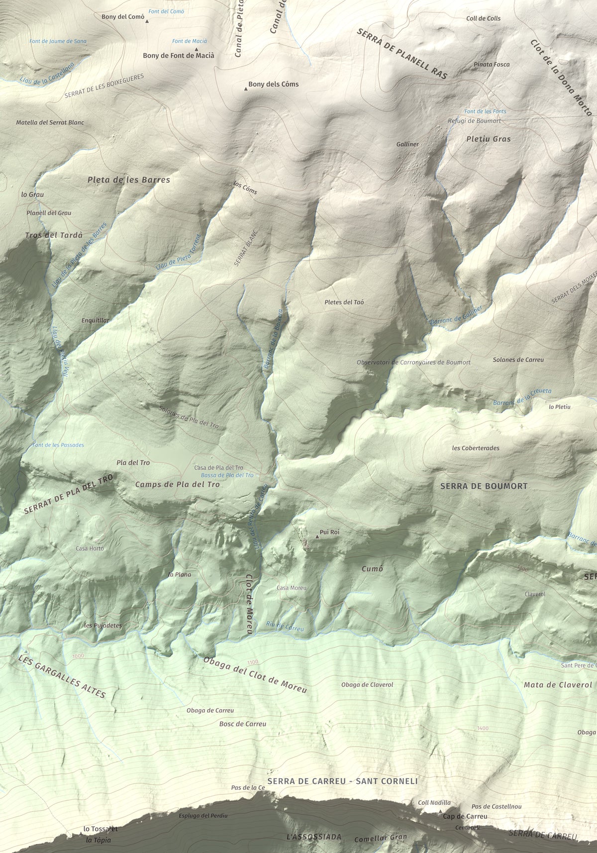 Mapa de relieve de Cap de Boumort, 2077 m, Pallars Jussà, lámina 100 Cims de Trobart. Detalle de la zona inferior izquierda. 70 × 100 cm.
