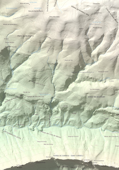 Mapa de relieve de Cap de Boumort, 2077 m, Pallars Jussà, lámina 100 Cims de Trobart. Detalle de la zona inferior izquierda. 70 × 100 cm.