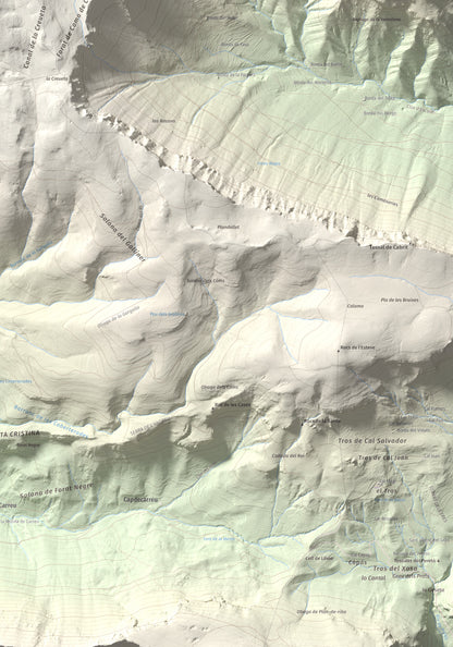 Mapa de relieve de Cap de Boumort, 2077 m, Pallars Jussà, lámina 100 Cims de Trobart. Detalle de la zona inferior derecha. 70 × 100 cm.