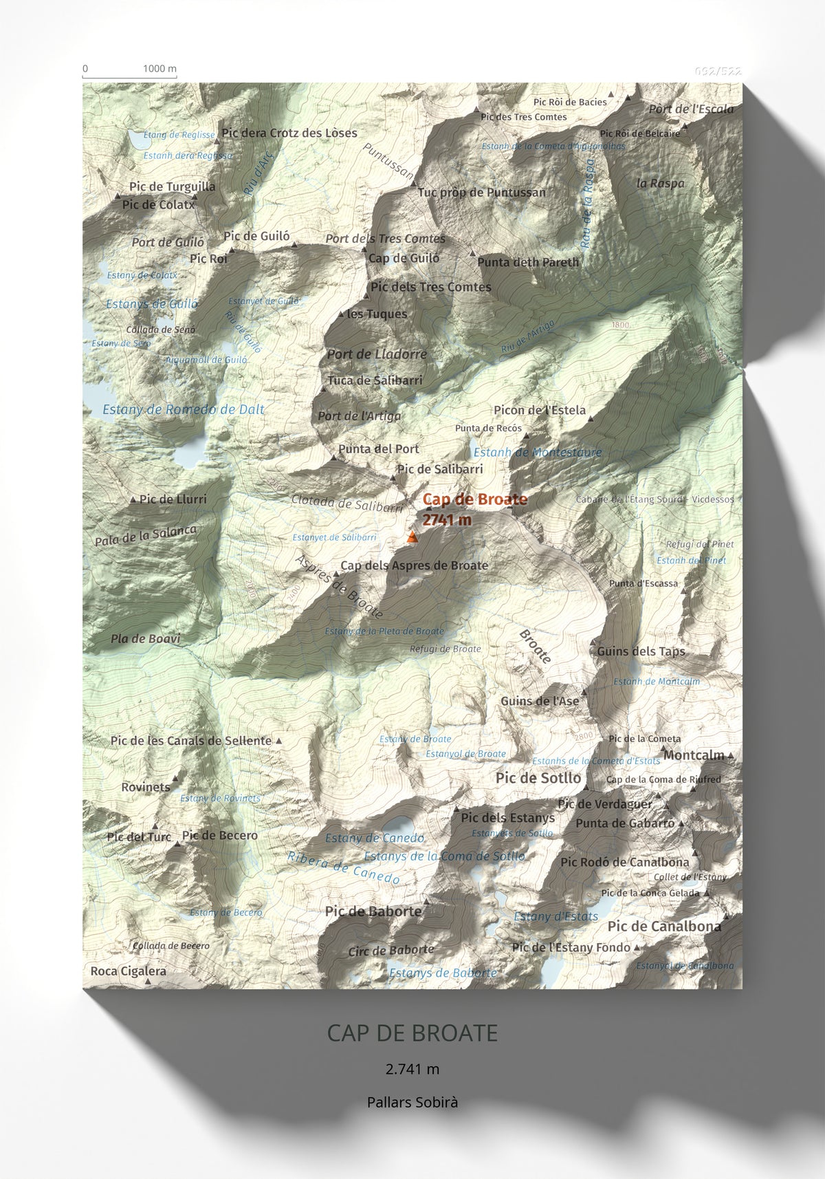 Mapa de relieve de Cap de Broate, 2741 m, Pallars Sobirà, lámina 100 Cims de Trobart 21 × 30 cm.